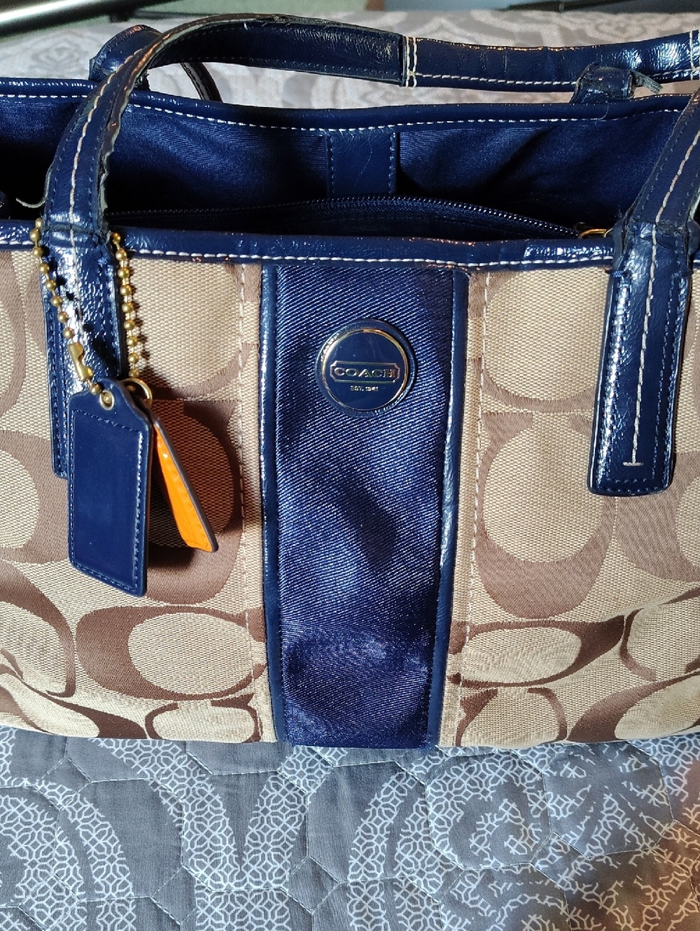 COACH Navy and Tan Signature Tote with Patent Trim